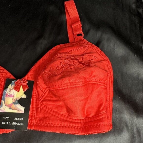 Red Bra 28C No Underwire Soft Comfortable Fit With Embroidered Floral Grapes - Picture 3 of 10